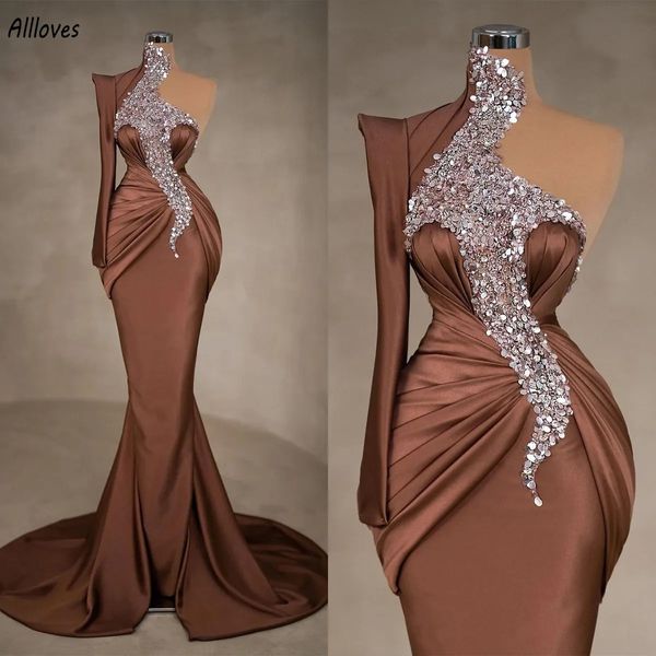 Paillettes brillantes robes de bal marron classique arabe Aso Ebi une épaule à manches longues robes de soirée formelles balayage train femmes sirène deuxième réception robe de soirée CL3028