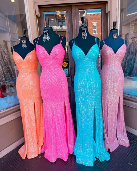 Paillettes brillantes robes de bal 2022 sirène Pageant robes fente jambe Spaghetti sans manches dame femmes robe de soirée formelle Maxi automne hiver balle à lacets dos