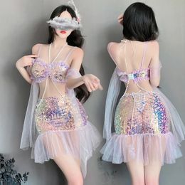 Traje de sirena de anime sexy brillante Traje de cosplay para adultos Panel Falda de lentejuelas Vestido de lujo Traje de baño Conjunto exótico 240311