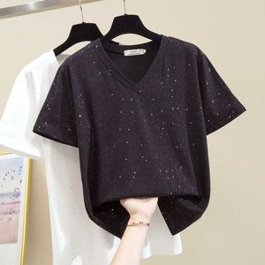 Brillante sexy con cuello en v camiseta de manga corta camisetas de algodón mujer camiseta coreana camiseta de mujer camisetas tops rosa púrpura negro 210604