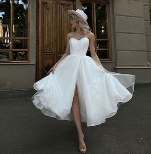 Glanzende korte trouwjurk 2024 Sweetheart Backless Simple A-Line Bridal Bridal Bruid Party Jurken Leg Slit Vestido de Novia