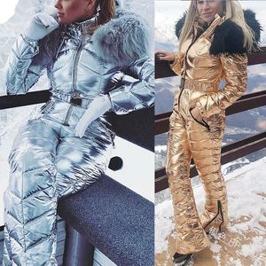 Glansend zilveren gouden ski -pak Dames Winter Windvrije ski -jumpsuit Snowboardpak Vrouwelijke sneeuwkostuums 231221