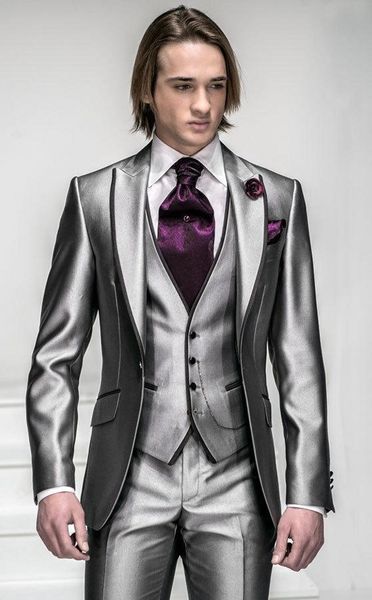 Traje de negocios para hombre gris plateado brillante, vestido de fiesta de boda, ropa personalizada, esmoquin para novio (chaqueta + pantalón + chaleco + corbata) K 188