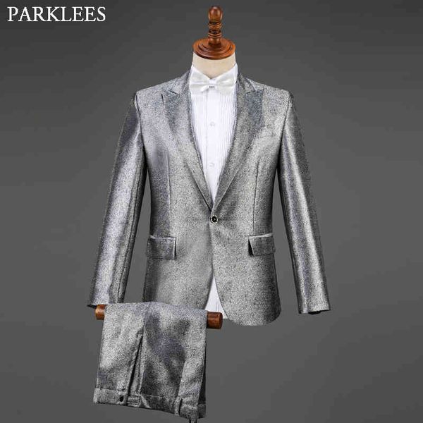 Costumes de mariage en argent brillant pour hommes Costumes Set 3 pièces Costume de mode pour hommes Costume de smoking Slim Fit Stage Dancer Party Costume 210524