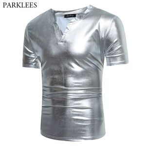 Shiny Sliver Metallic V-hals T-shirt Mannen Tin Man Kostuum Merk Korte Mouw Slim Fit DJ Disco Nightclub Wear Tshirt Homme 210522