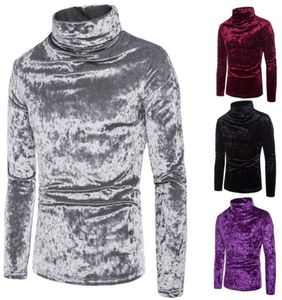 Glansende Sliver Velvet Velours High Collar T -shirt Men Gloednieuw Turtleneck Gladde t -shirt Homme Nightclub Stage Party Tops Tee Great S5063778