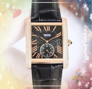 Glansende sterrenhemel Big Size Lovers Watches Men Quartz Batterijbeweging klok twee lijn diamanten ring koe lederen vierkante tank dagdatum Sub Dial Working polshorloge cadeaus