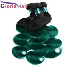 Brillante Turquesa Verde Ombre Onda del cuerpo Paquetes de cabello humano virgen brasileño Raíces oscuras Tejido ondulado 100 g / piezas Coser apretado en color Exte3951663