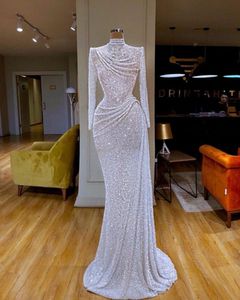 Robe de soirée de forme sirène, blanc brillant, manches longues, col haut, paillettes, dentelle, robe de soirée Sexy