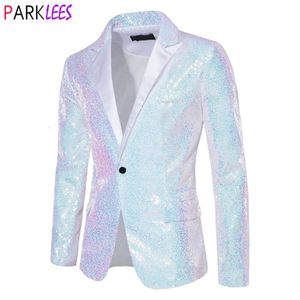 Blazer à paillettes blanches brillantes pour hommes, veste de smoking à col montant avec un bouton, Costume de scène pour marié de mariage