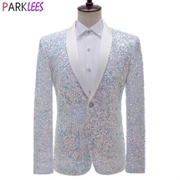 Brillante blanco lentejuelas brillo esmoquin blazer hombres chal cuello un botón vestido traje chaqueta para hombre fiesta de boda ropa de escenario 220409