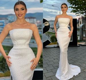 Glanzend Wit Pailletten Lange Prom Feestjurk 2024 Strapless Mouwloze Zeemeermin Vrouwen Meisje Avond Verjaardag Jurken Robe De Soiree