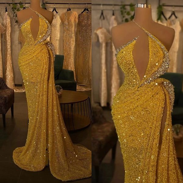 Robes de soirée de bal à paillettes jaune brillant sexy licou strass scintillants robes d'occasion formelles cuisse haute fendue longue sirène femmes robe d'occasion spéciale