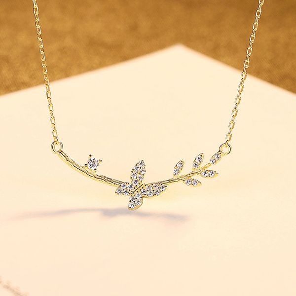 Brillant zircon papillon branche d'olivier s925 pendentif en argent collier luxueux plaqué or 18 carats sexy femmes collier chaîne charmant collier bijoux cadeau