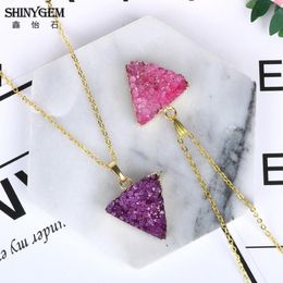 Shinygem 2021 Natural Handmadepurple Pink Druzy Pendant Colliers Gold Placing Stat Triangle Pyramid Stone Trendy for Women186o