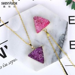 Shinygem 2021 Natural Handmadepurple Pink Druzy Pendant Colliers Gold Placing Stat Triangle Pyramid Stone Trendy for Women212T