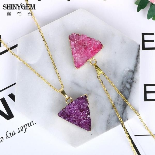 Shinygem 2021 Natural Handmadepurple Pink Druzy Pendant Colliers Gold Placing Stat Triangle Pyramid Stone Trendy for Women293i