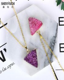 ShinyGem 2021 Natural hecho a mano púrpura rosa Druzy colgante collares chapado en oro declaración triángulo pirámide piedra de moda para mujeres 7612104