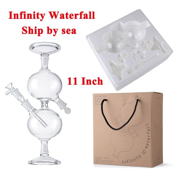 Navire par mer 11 pouces narguilés Infinity Waterfall Bongs tuyaux en verre de recyclage intérieur plates-formes universelles de navire d'eau par gravité avec boîte-cadeau de tige descendante diffusée commune de 14 mm