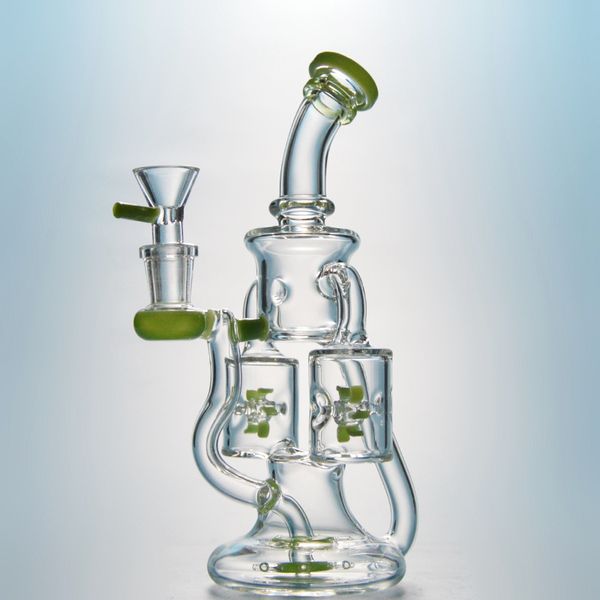 Envío por mar Molino de viento Perc Bongs de vidrio Hookah Reciclador doble Pipas para fumar Hélice Percolador Pipas de agua 14 mm Conjunta hembra Dab Rigs con tazón Verde Púrpura