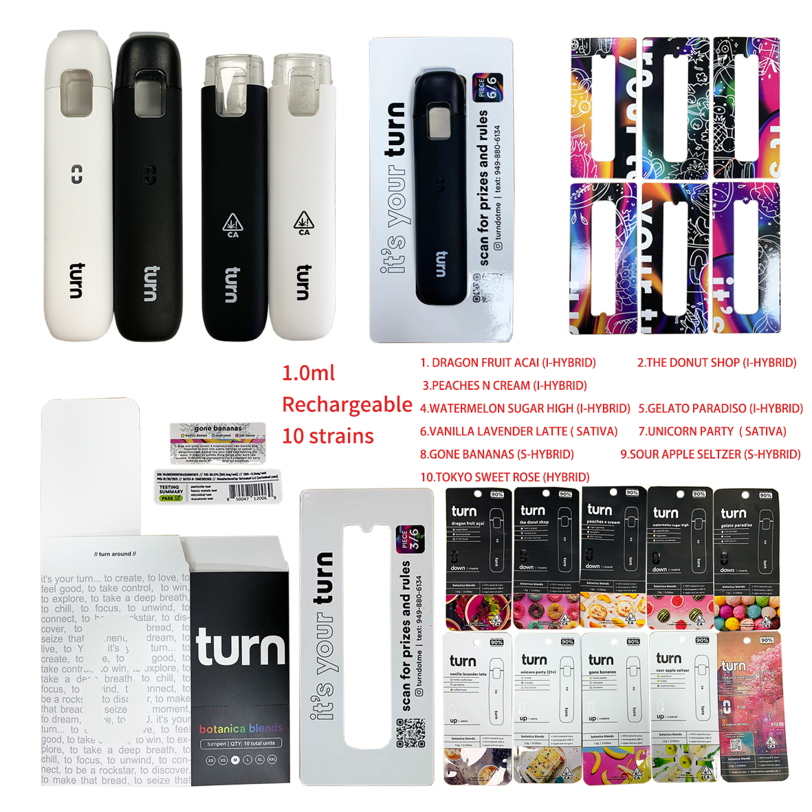 Envío desde EE. UU. TURN 1g Cigarrillos electrónicos desechables Pluma Tanque vacío Dispositivo recargable 10 cepas Un lote 100 piezas