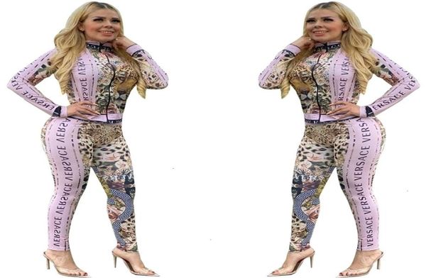 Envío Nuevas mujeres Fashion Leopard estampado sudor de sudor Capualy Slim Cuello con cremallera y pantalones Conjuntos de 2 piezas XXL WVV58953180