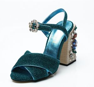Envío Ladies Free 2019 Leather Diamond Pearl Chunky 10 cm de tacón alto Peep Toes Sardal Sandals Zapatos Blue Blue-Azing 35-42 1704