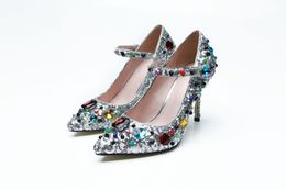Verzendleer gratis stiletto hoge hakken vergulde plundering puntige tenen kleurrijke diamantpompen kleding schoenen feest
