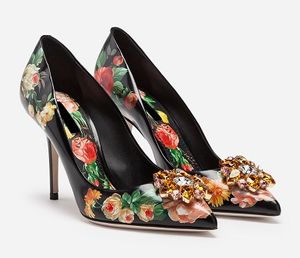 Verzending geel gratis 2019 Diamond Stiletto High Heels Pillage Pointed tenen Paisley Gedrukte Rose Flowers Dress Shoes Part 1441