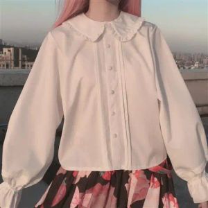 Shirt 2021 Student Wit Shirt Schattige Pop Kraag Uitlopende Lange Mouwen Shirt Kleine Verse Losse Grote Maat Goedkope Top Kawaii kleding Vrouwen