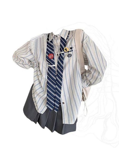 Chemise 2022 Automne Femmes Nouveau patchwirt à rayures vintage Overshirt Baggy Long manche surdimensionnée Femme Blouses Design Preppy Style Chic
