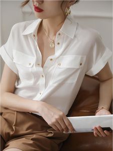 Shirt 2022 zomer blouses shirts vrouwen vrouwen korte mouw tops massieve reverszakken witte shirts kantoor dame Koreaanse vrouwelijke kleding blusas