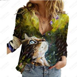 Chemise 2023 Cardigan à manches longues pour femmes à chaud, motif de chat mignon, chemise imprimée en 3D, chemise en mousseline de mousseline en vrac décontractée Street