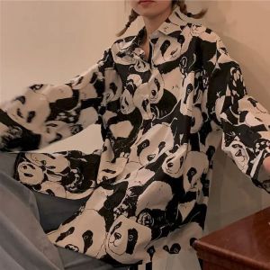 Shirt 2023 Lente Autumn Panda Print Vintage Long Sleeve Blouses Koreaanse Hong Kong Style Retro Women Button Up Shirt Harajuku Fashion