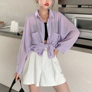 Chemise 2023 Femme Chemis en mousseline Chemise à manches longues Spring Summer Lilac Tops Pocket Loose Loose Minet Suncreen Shirt Bikini Cover up Beachwear