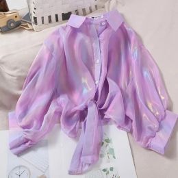 Chemise Blusas Mujer De Moda été chemises à manches longues brillant col en V chemisier plissé solide étincelles maillots De bain femmes 2022 plage Camisas