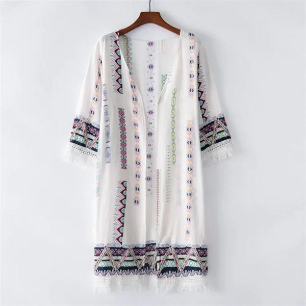 Camisa estilo bohemio 2023 verano P cárdigan largo Tops tipo kimono Casual Boho Hippie borla bordada camisas de mujer Tops