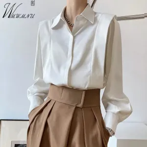 Chemise chic Design Ruffles Blouses Femmes 2024 Nouveau OL Fashion Black White Office Lady Polo Collar Blusas à manches longues Tops de printemps