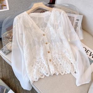 Shirt chique shirts voor dames solide holle out floral kanten lange mouw blouse knop Koreaanse stijl zomer camisas almachtige dropshipping