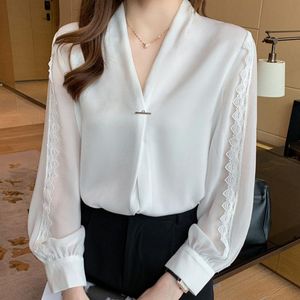 Camisa de gasa para mujer, Tops sexys con costuras de encaje, camisa negra con cuello en V, Blusas elegantes lisas de manga larga blancas 2021 1282