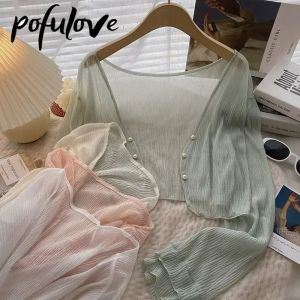 Chemise en mousseline de soie, vêtements de protection solaire pour femmes, manches longues, mince, court, haut, solide, châle d'été, manches longues, cardigan, chemisier, vente en gros