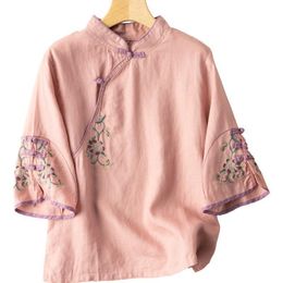 Camisa traje Tang chino camisa de algodón de lino bordado blusa estilo nacional camiseta delgada mujeres Vintage elegante tradicional Hanfu Tops