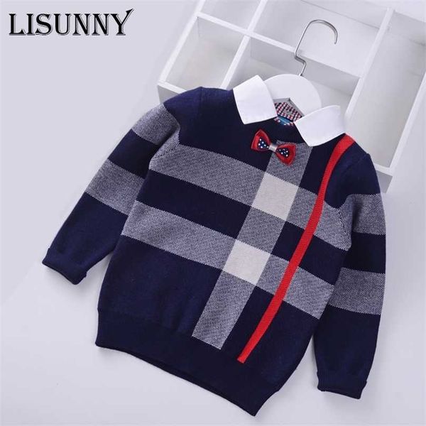 Col de chemise garçons chandails bébé rayure Plaid pull tricot enfants vêtements automne hiver enfants garçon vêtements 211104