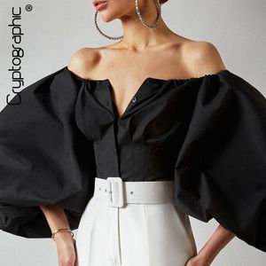 Shirt Cryptographic Off Shoulder Lantern Sleeve Sexy Women Top en Blouse Shirts Button Up Backless Crop Tops Fashion Blusas Mujer
