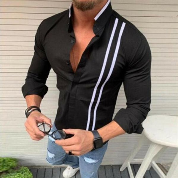 Chemise élégante à rayures noires et blanches pour hommes, tenue décontractée, manches longues, boutons, coupe cintrée, 296s