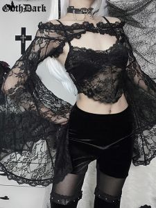 Chemise Goth Dark Elegant Mall Gothique Emo Dentelle Blouses Haussement D'épaules Grunge Sheer Sexy Femmes Alt Crop Top Hors Épaule Flare Manches Chemises