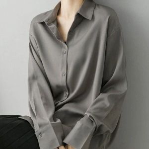 Camisa gris drapeada para Mujer, blusa De satén De acetato, camisas Retro informales ligeras y holgadas De seda para Mujer, Blusas De Moda para Mujer 2022