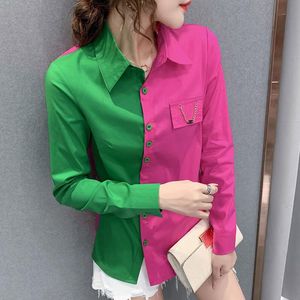 Chemise Green Red Patchwork Shirts Femmes Blue Rose Blouses Femme Femme irrégulière Butt Up Shirts Fall Tops for Women