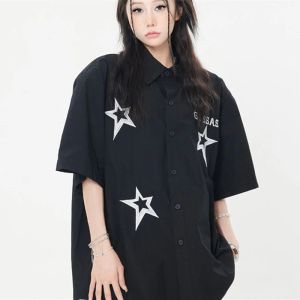 Shirt Hip Hip FivePointed Star Black Shirts Mens Oversized Solid Blouses Cute Button Up Shirt Y2K Streetwear Harajuku Paren Zomer