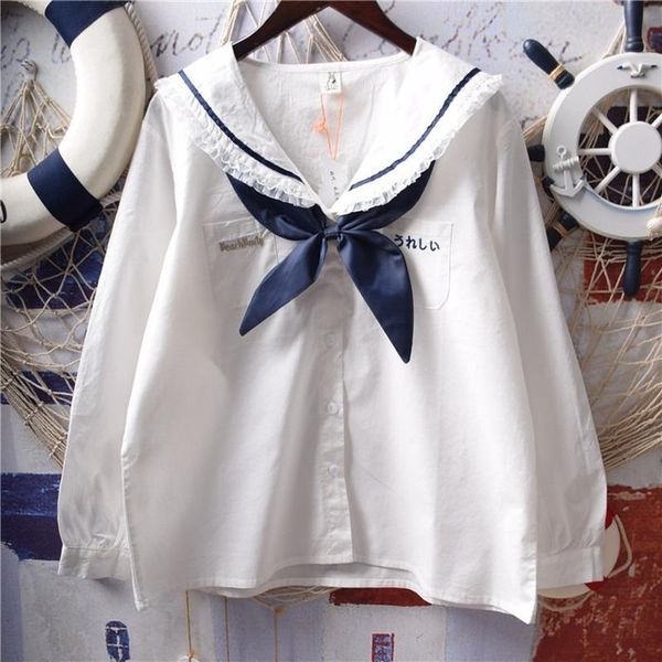 Camisa Japón Lolita Camisas blancas Mujeres Vintage Princesa Volantes Tops de encaje Chica adolescente Cuello marinero Botón Abajo Linda blusa de uniforme escolar